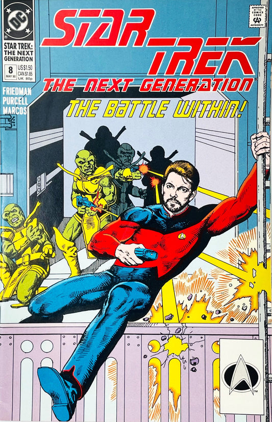 Star Trek The Next Generation volume 2 issue 8 comic book published by DC Comics featuring Gordon Purcell cover art of Commander William Riker in a phaser shootout with alien warriors.