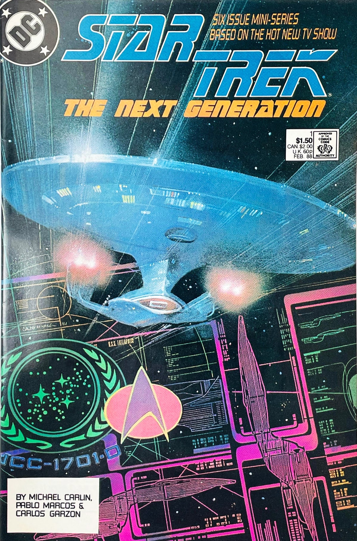 Star Trek The Next Generation volume 1 issue 1 key comic book published by DC Comics featuring the USS Enterprise D over tactical schematics and LCARS displays