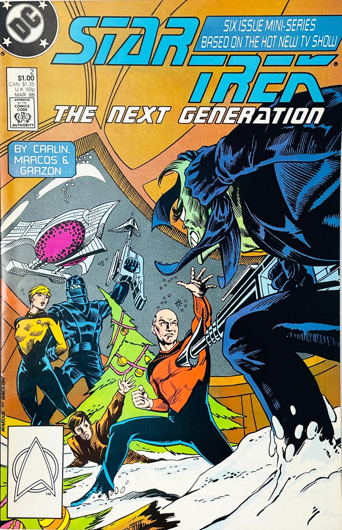 Star Trek The Next Generation volume 1 issue 2 comic book published by DC Comics featuring Pablo Marcos cover art of Captain Picard fighting a giant alien on a snowy planet with Tasha Yar in the background.
