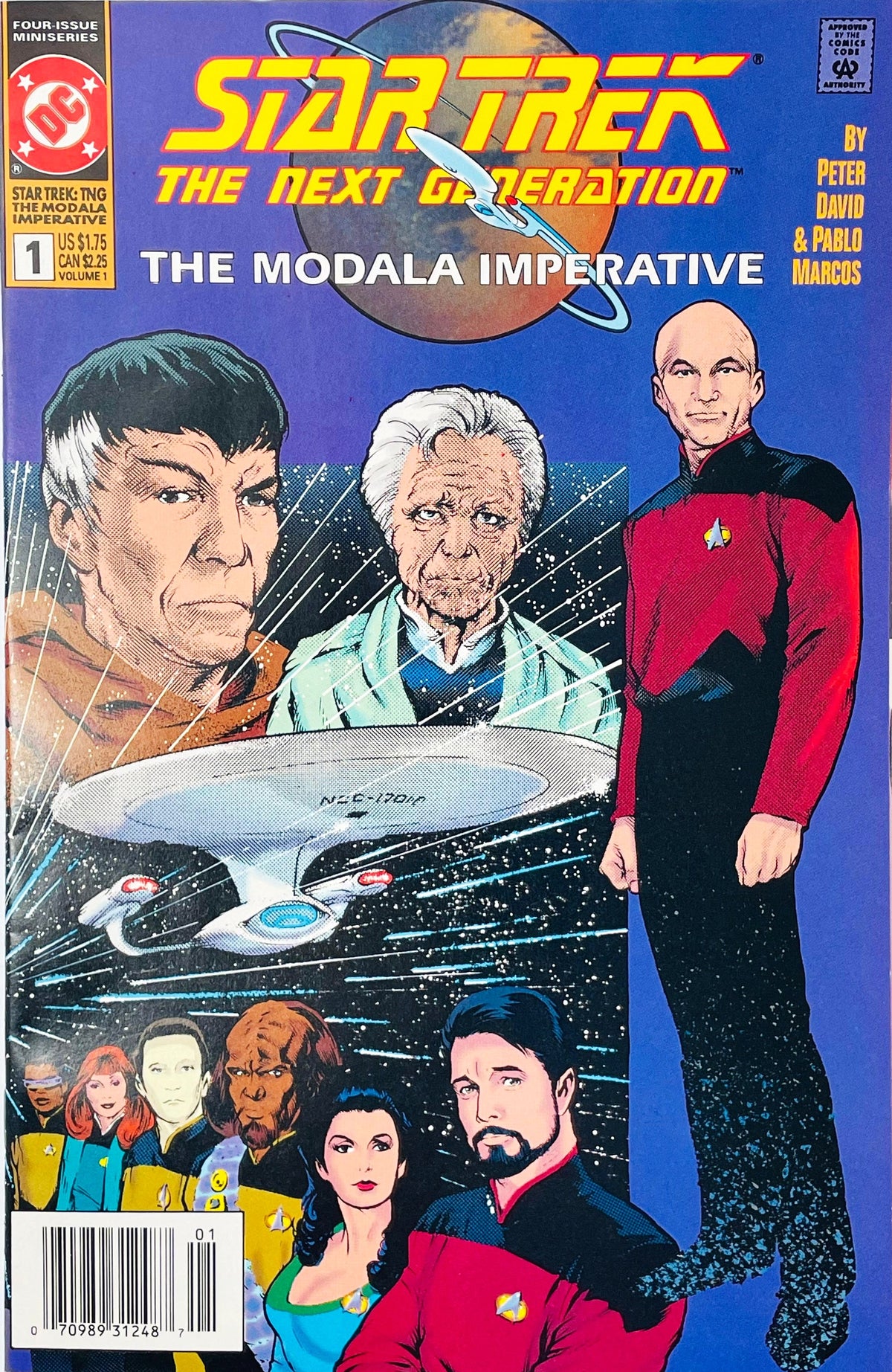 Star Trek The Next Generation The Modala Imperative issue 1 comic book published by DC Comics featuring Pablo Marcos cover art with Spock, McCoy, Captain Picard, and the TNG crew.