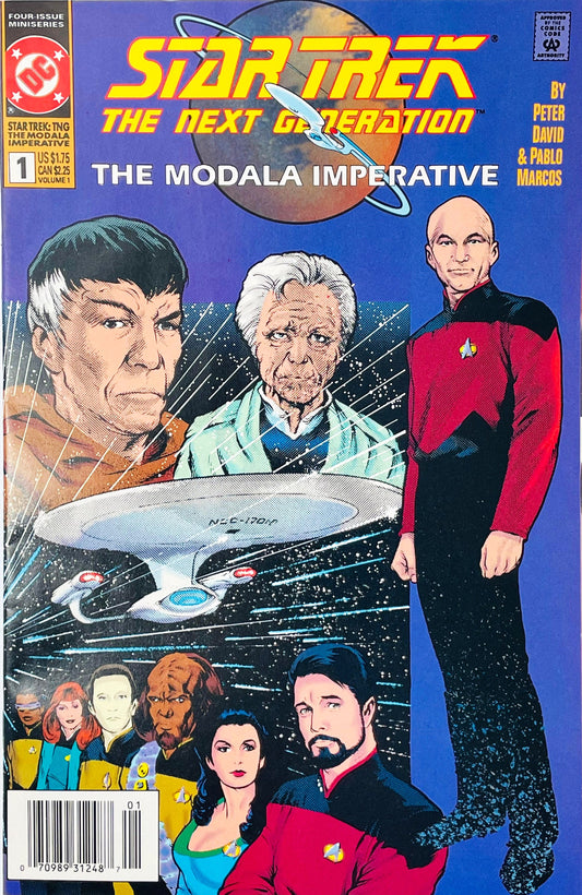 Star Trek The Next Generation The Modala Imperative issue 1 comic book published by DC Comics featuring Pablo Marcos cover art with Spock, McCoy, Captain Picard, and the TNG crew.