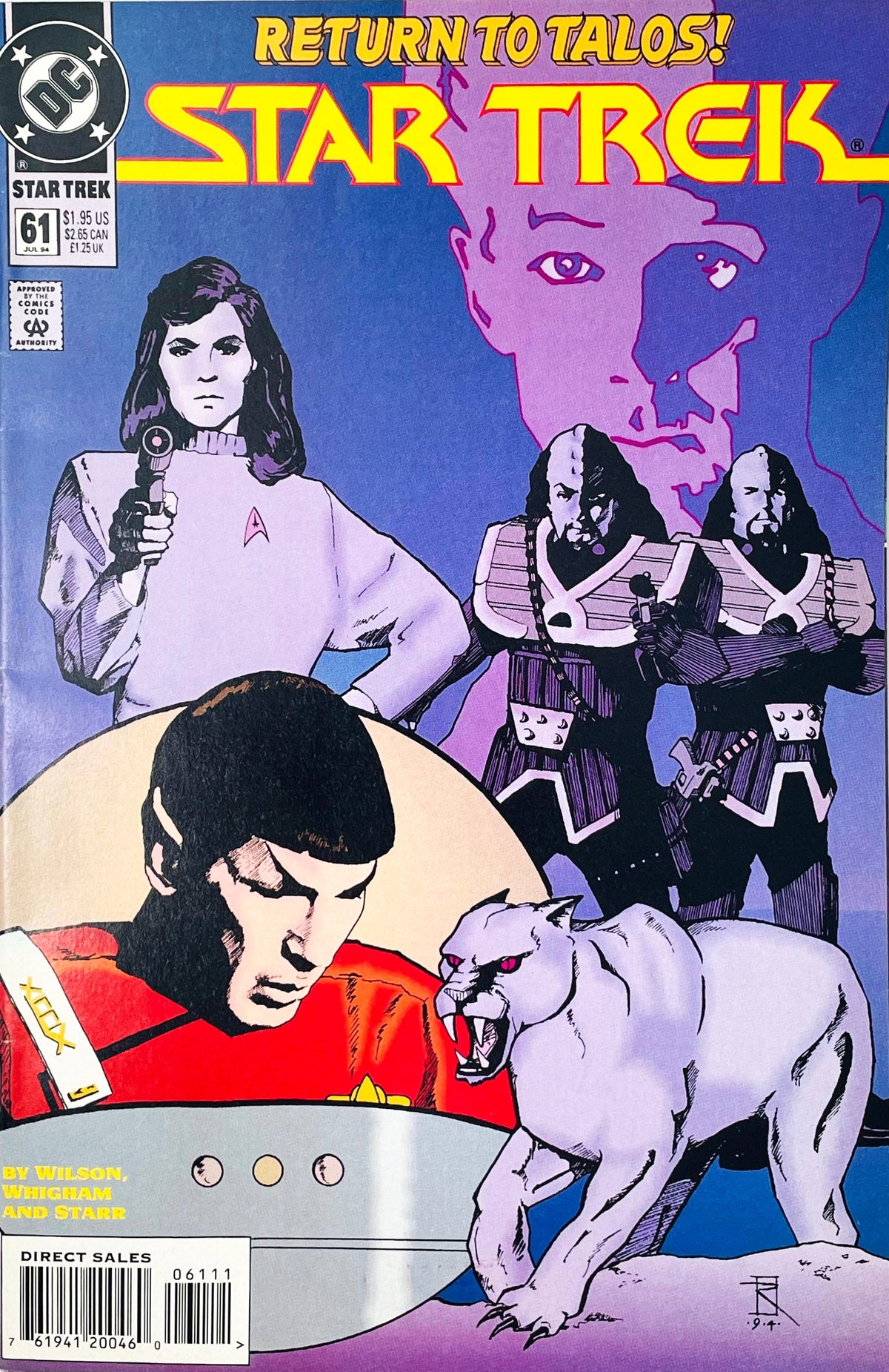 Star Trek volume 2 issue 61 comic book published by DC Comics featuring Rod Whigham cover art with Mr. Spock, Vina, Klingons, and a background portrait of Captain Pike.