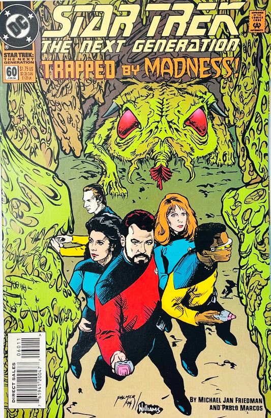 Star Trek The Next Generation volume 2 issue 60 comic book published by DC Comics featuring Tom Palmer and Pablo Marcos cover art of Commander Riker leading the Enterprise crew away from a giant green alien monster.