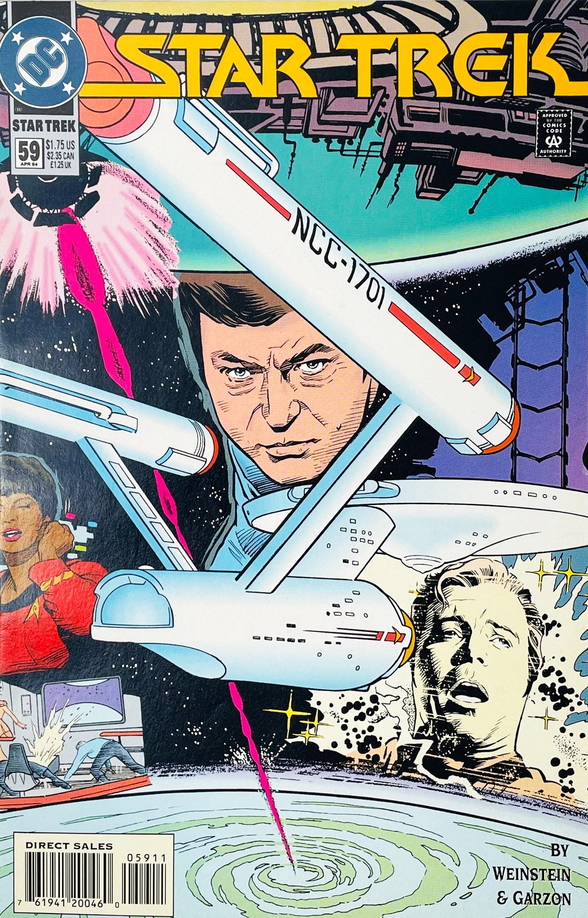 Star Trek volume 2 issue 59 comic book published by DC Comics featuring Carlos Garzón cover art of the USS Enterprise firing phasers alongside portraits of Dr. McCoy, Kirk, and Uhura.
