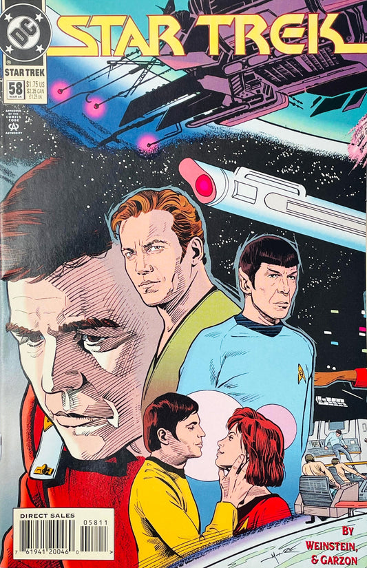 Star Trek volume 2 issue 58 comic book published by DC Comics featuring Carlos Garzón cover art of Captain Kirk, Spock, and the USS Enterprise near a space station.