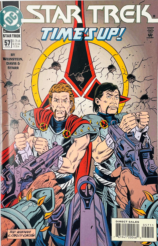 Star Trek volume 2 issue 57 comic book published by DC Comics featuring Rod Whigham and Carlos Garzon cover art of armored warriors held at gunpoint in front of a cracked emblem.