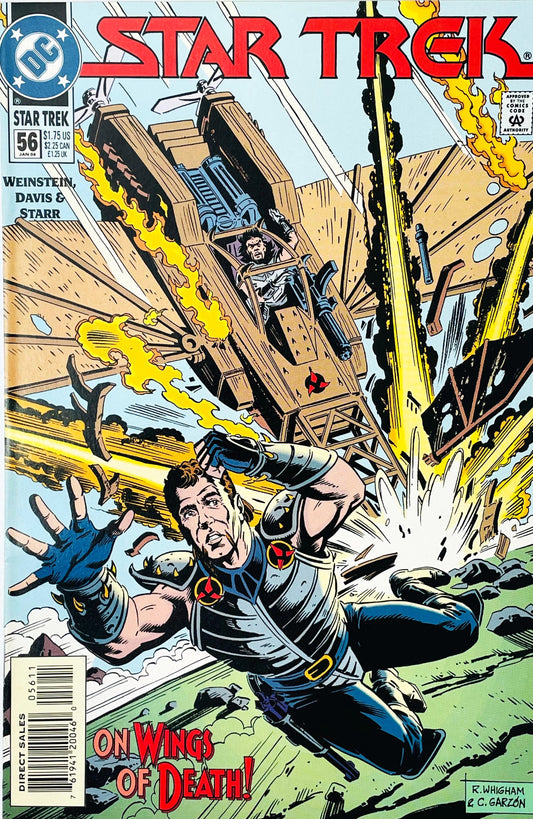Star Trek volume 2 issue 56 comic book published by DC Comics featuring Rod Whigham and Carlos Garzon cover art of an armored warrior leaping away from an exploding aircraft.