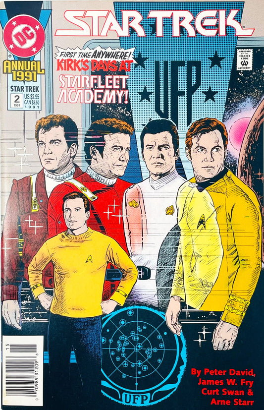 Star Trek Annual issue 2 1991 comic book published by DC Comics featuring Curt Swan cover art of James T. Kirk across his Starfleet Academy cadet and Captain eras.