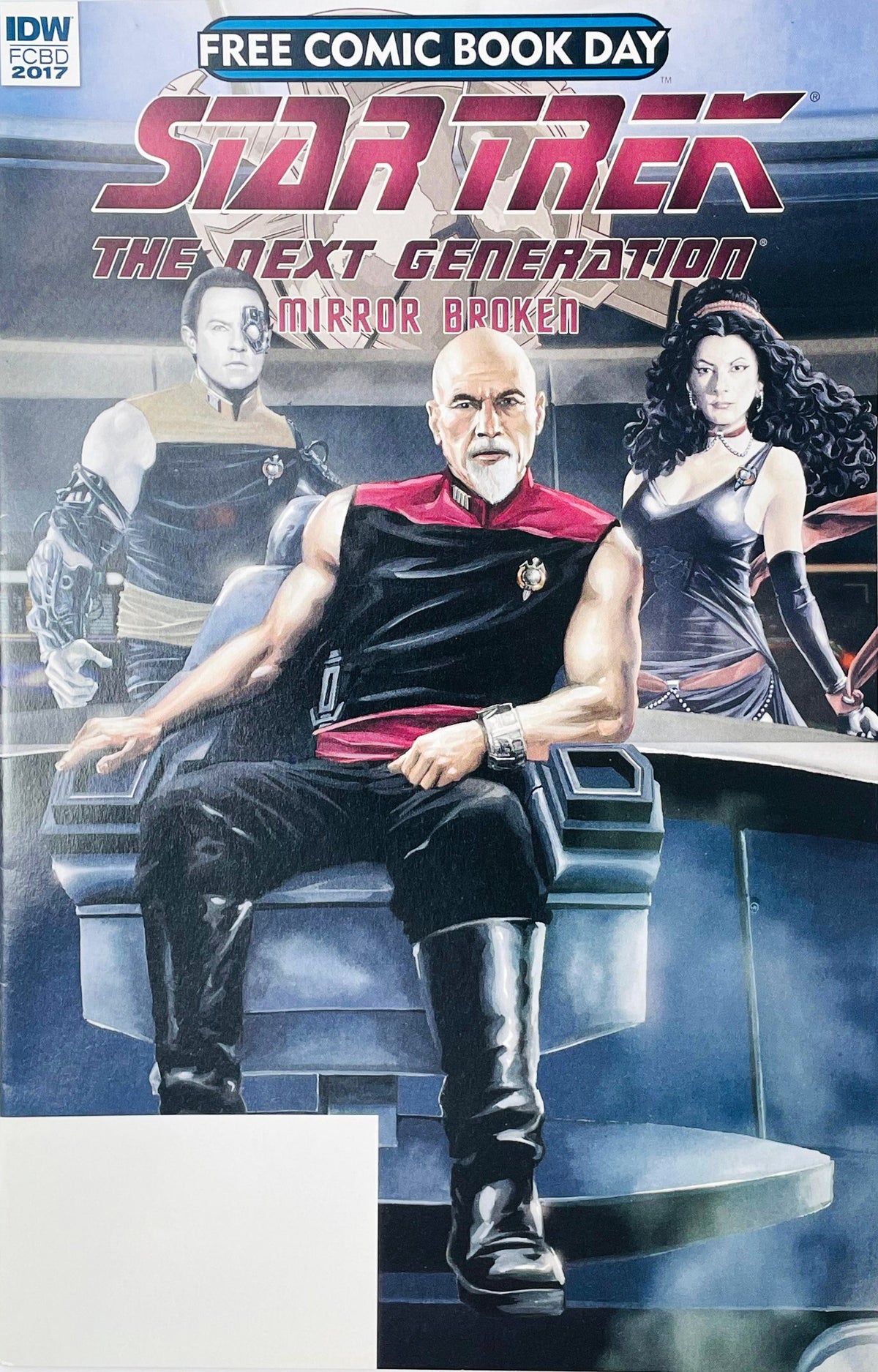 Star Trek The Next Generation Mirror Broken Free Comic Book Day 2017 issue published by IDW Publishing featuring J.K. Woodward cover art of Mirror Universe Captain Picard, Data, and Deanna Troi.