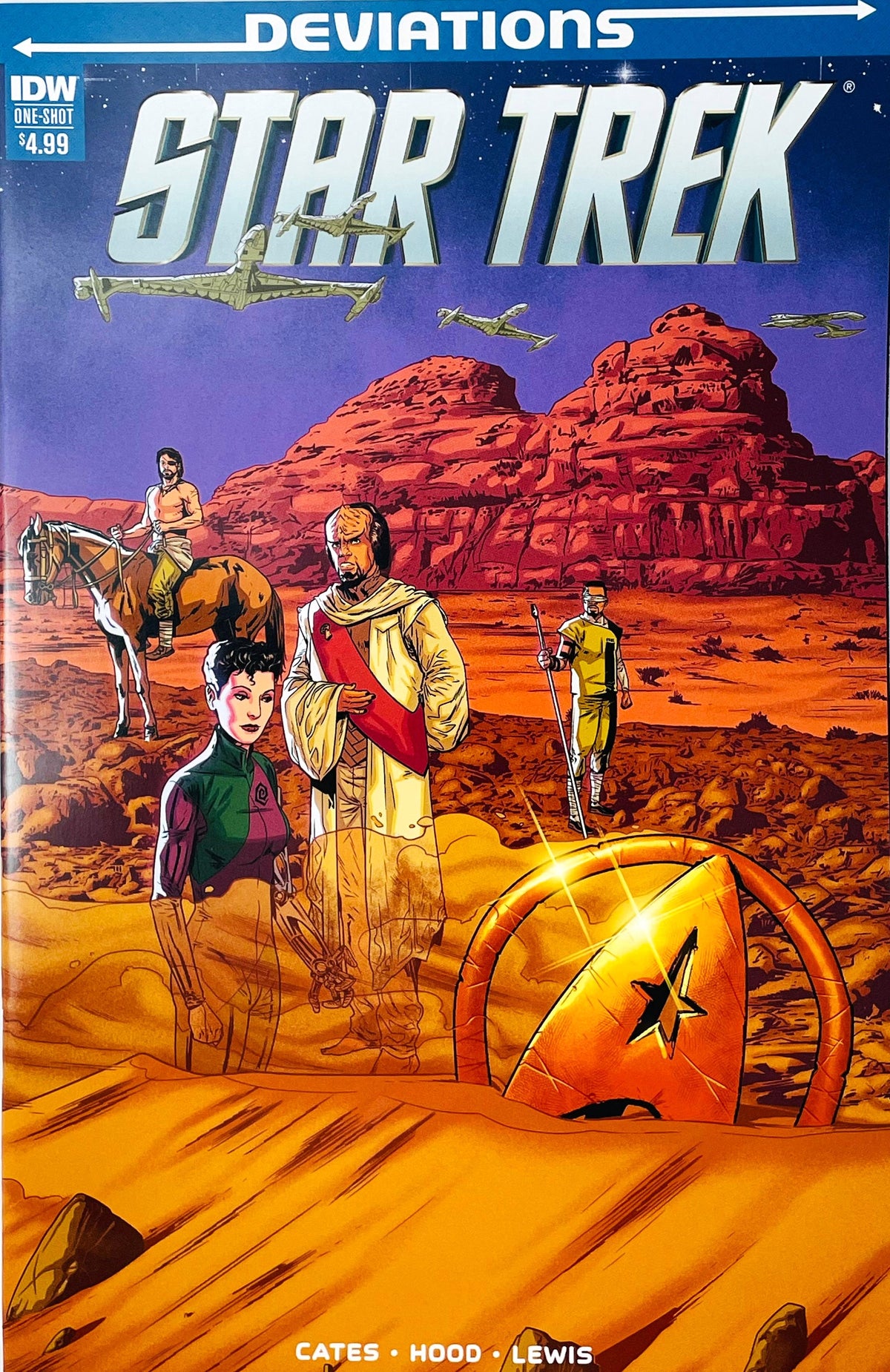 Star Trek Deviations one-shot comic book published by IDW Publishing featuring Josh Hood cover art of Worf, Geordi La Forge, and Riker on a desert planet with a buried Starfleet delta insignia.