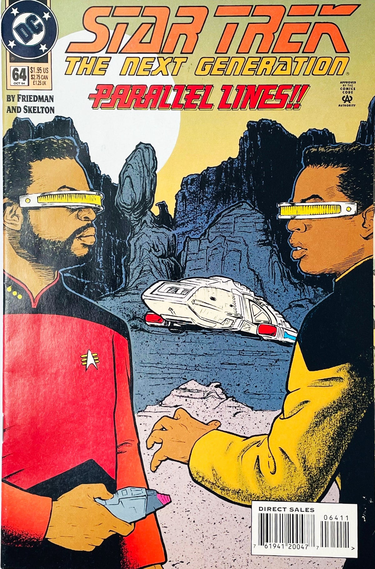 Star Trek The Next Generation #64 Parallel Lines October 1994 DC Comics Direct Sales comic cover featuring two versions of Geordi La Forge and the USS Enterprise