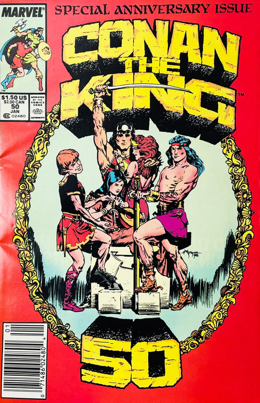 Conan the King issue 50 comic book published by Marvel Comics featuring Geof Isherwood cover art of King Conan and his royal family framed in a golden oval for the 50th anniversary issue.