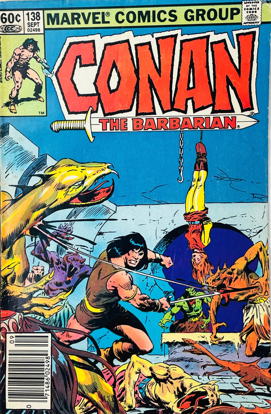 Conan the Barbarian issue 138 comic book published by Marvel Comics Group featuring Gil Kane cover art of Conan fighting monstrous creatures and a giant serpent.
