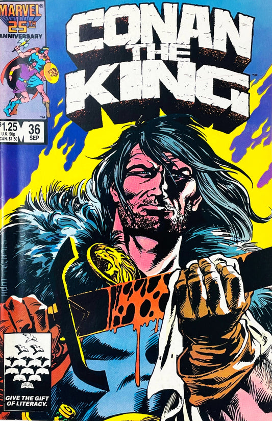 Conan the King issue 36 comic book published by Marvel Comics featuring Hunt Nichols cover art of King Conan wiping a bloody broadsword on a cloth.