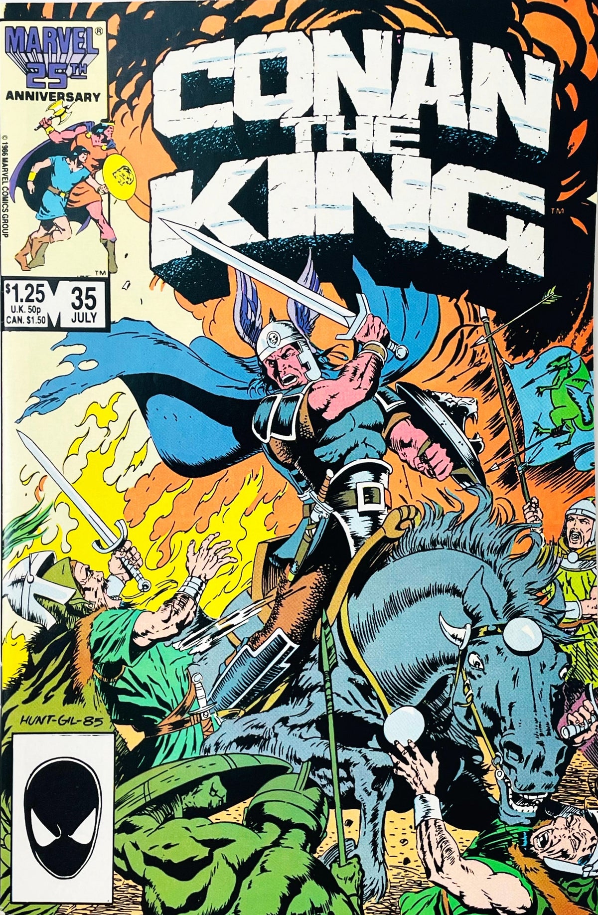 Conan the King issue 35 comic book published by Marvel Comics featuring Judith Hunt cover art of King Conan riding a horse in battle with a Marvel 25th Anniversary logo.
