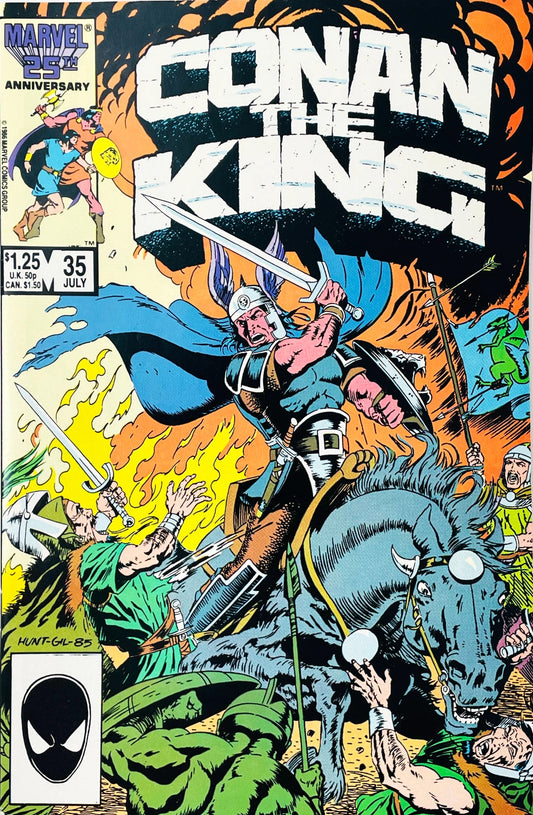 Conan the King issue 35 comic book published by Marvel Comics featuring Judith Hunt cover art of King Conan riding a horse in battle with a Marvel 25th Anniversary logo.