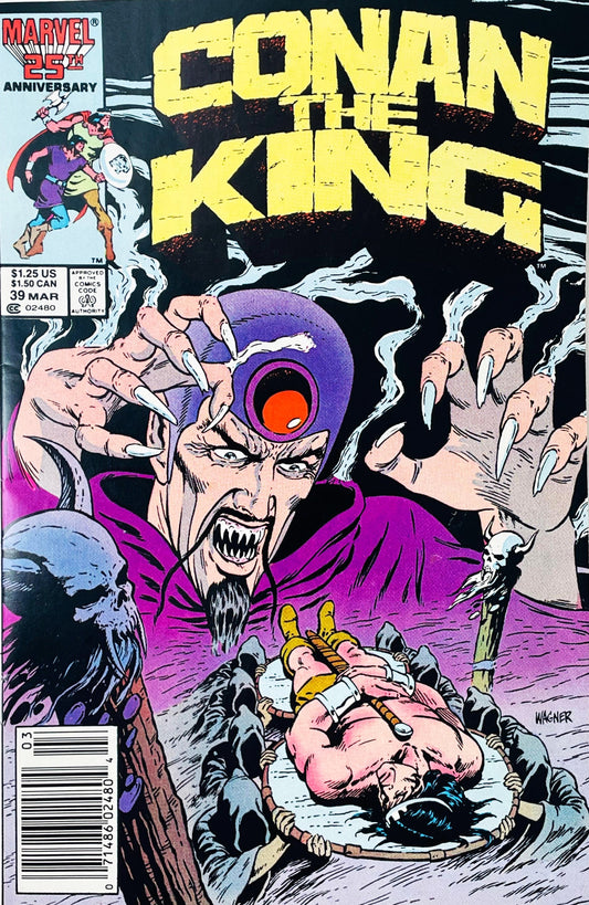 Conan the King issue 39 comic book published by Marvel Comics featuring Ron Wagner cover art of an evil sorcerer casting a spell over a bound King Conan on an altar.