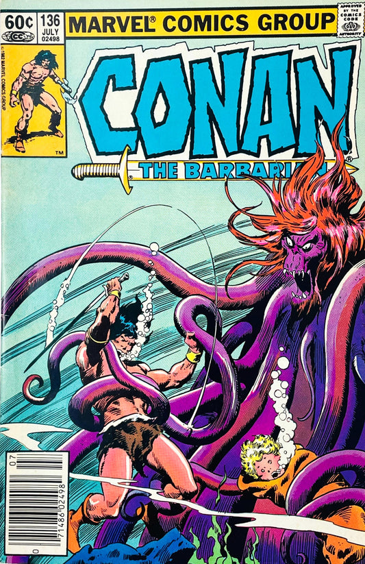 Conan the Barbarian issue 136 comic book published by Marvel Comics Group featuring Gil Kane cover art of Conan battling a giant tentacled sea monster underwater.