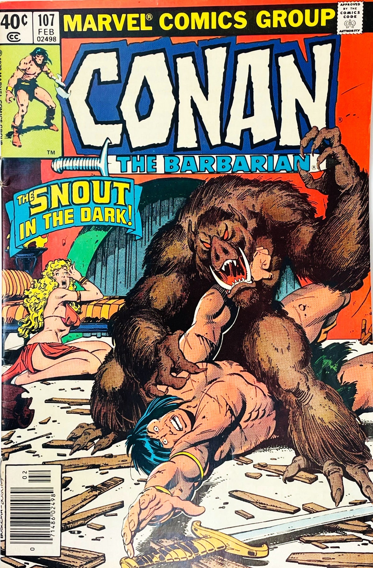 Conan the Barbarian issue 107 comic book published by Marvel Comics Group featuring John Buscema cover art of Conan wrestling a giant tusked boar monster on the ground.