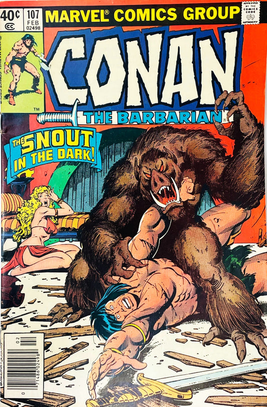 Conan the Barbarian issue 107 comic book published by Marvel Comics Group featuring John Buscema cover art of Conan wrestling a giant tusked boar monster on the ground.