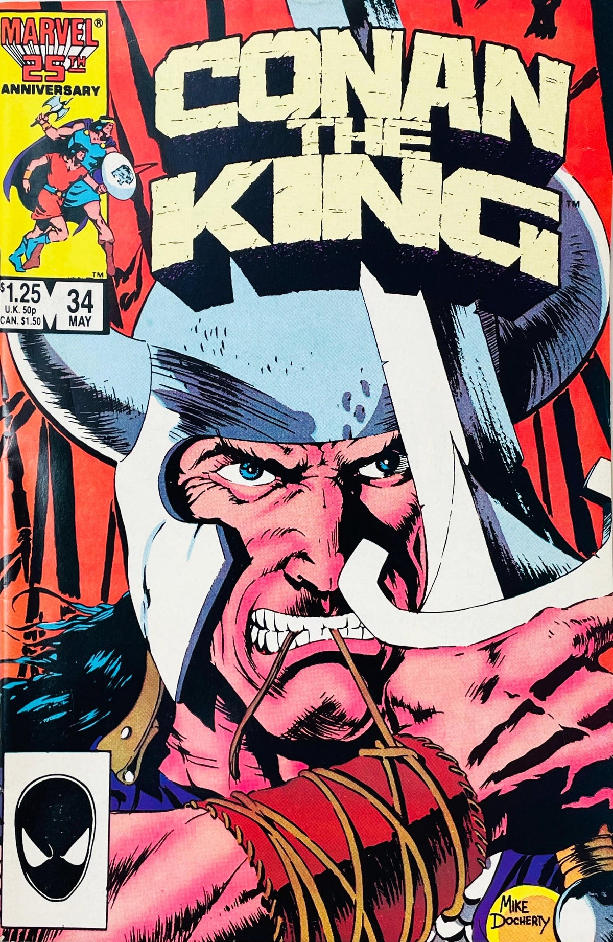 Conan the King issue 34 comic book published by Marvel Comics featuring Mike Docherty cover art of a horned-helmeted King Conan drawing a bow and arrow with his teeth.