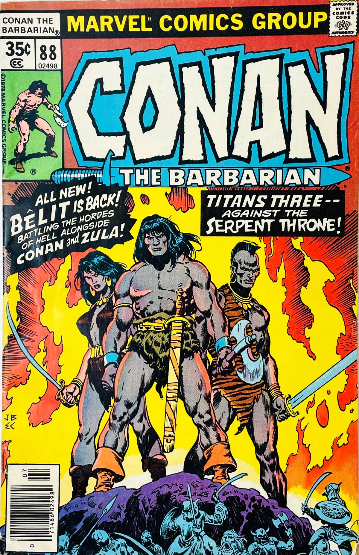 Conan the Barbarian issue 88 comic book published by Marvel Comics Group featuring John Buscema cover art of Conan, Belit, and Zula standing heroically amidst flames.