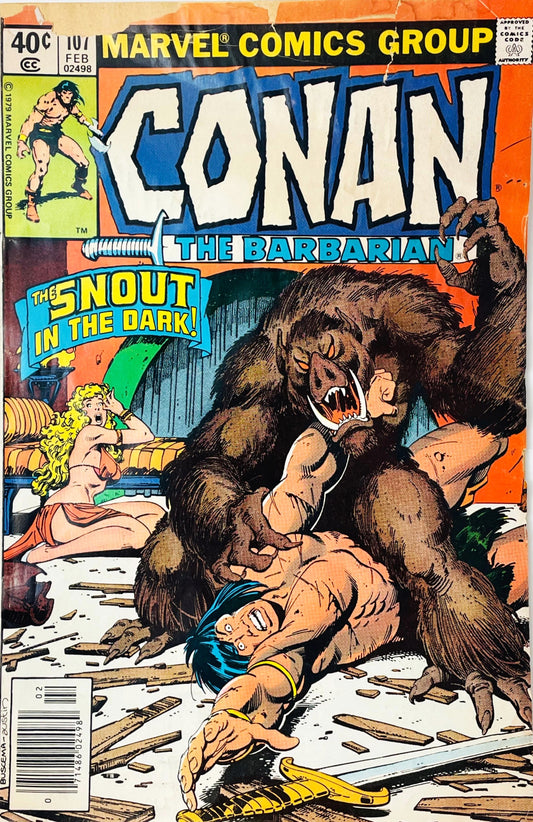 Conan the Barbarian issue 107 reader copy comic book published by Marvel Comics Group featuring John Buscema cover art of Conan wrestling a giant tusked boar monster on the ground.