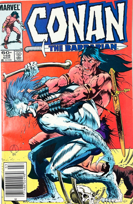 Conan the Barbarian issue 168 comic book published by Marvel Comics featuring Alex Niño cover art of Conan fighting a blue creature with a bone weapon.
