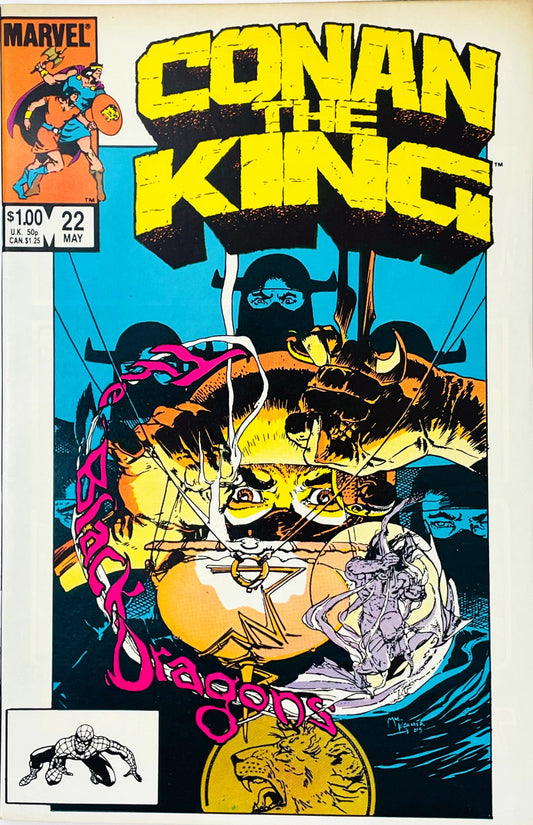 Conan the King issue 22 comic book published by Marvel Comics featuring Michael Kaluta cover art of the Black Dragons with a crouching Spider-Man logo box.