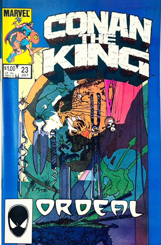 Conan the King issue 23 comic book published by Marvel Comics featuring Michael Kaluta cover art of a snarling lion face, chains, and torture implements with the title Ordeal.