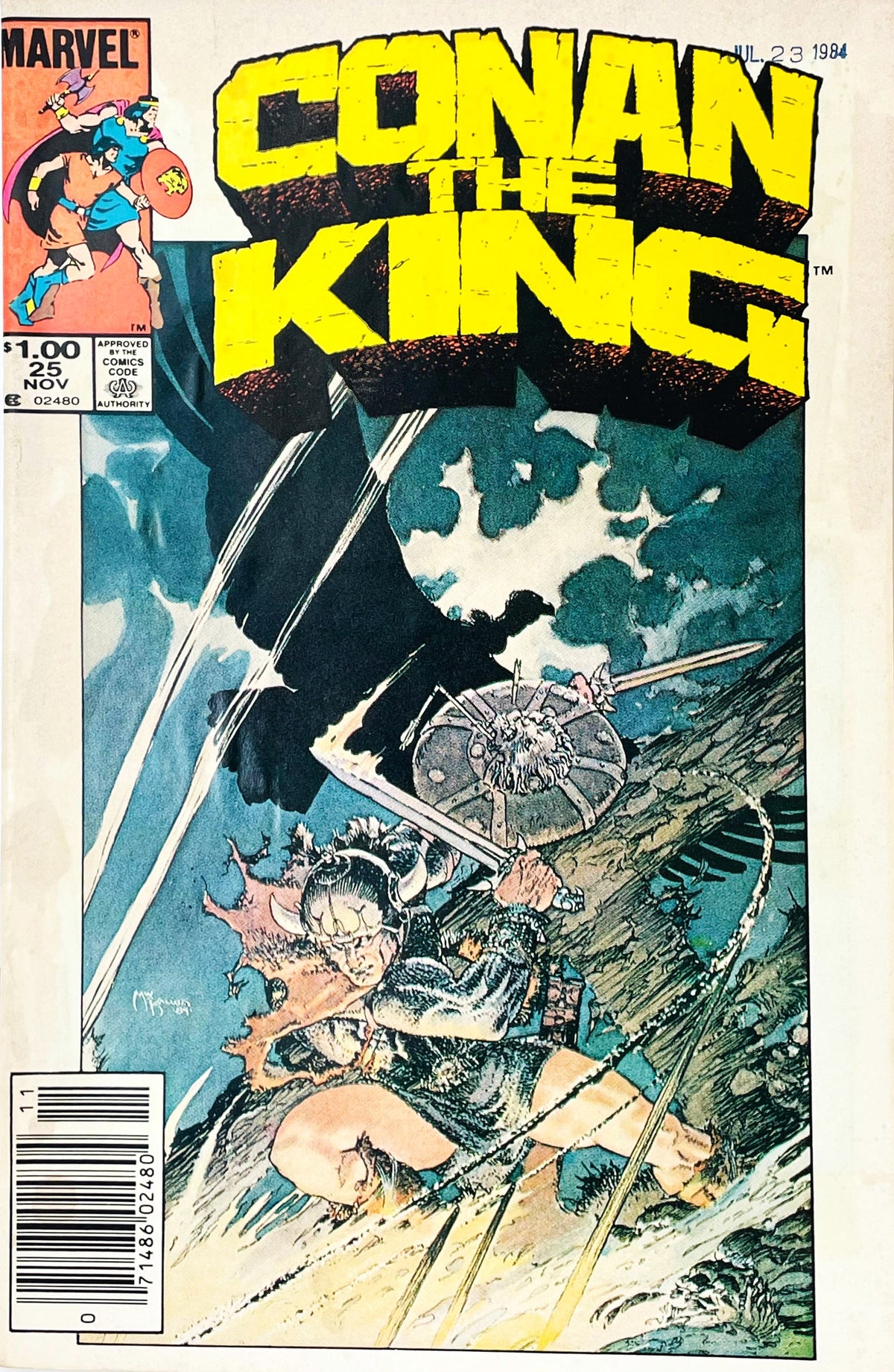 Conan the King issue 25 comic book published by Marvel Comics featuring Michael Kaluta cover art of King Conan with sword and shield leaping down a rocky slope.
