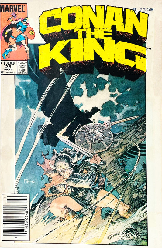 Conan the King issue 25 comic book published by Marvel Comics featuring Michael Kaluta cover art of King Conan with sword and shield leaping down a rocky slope.
