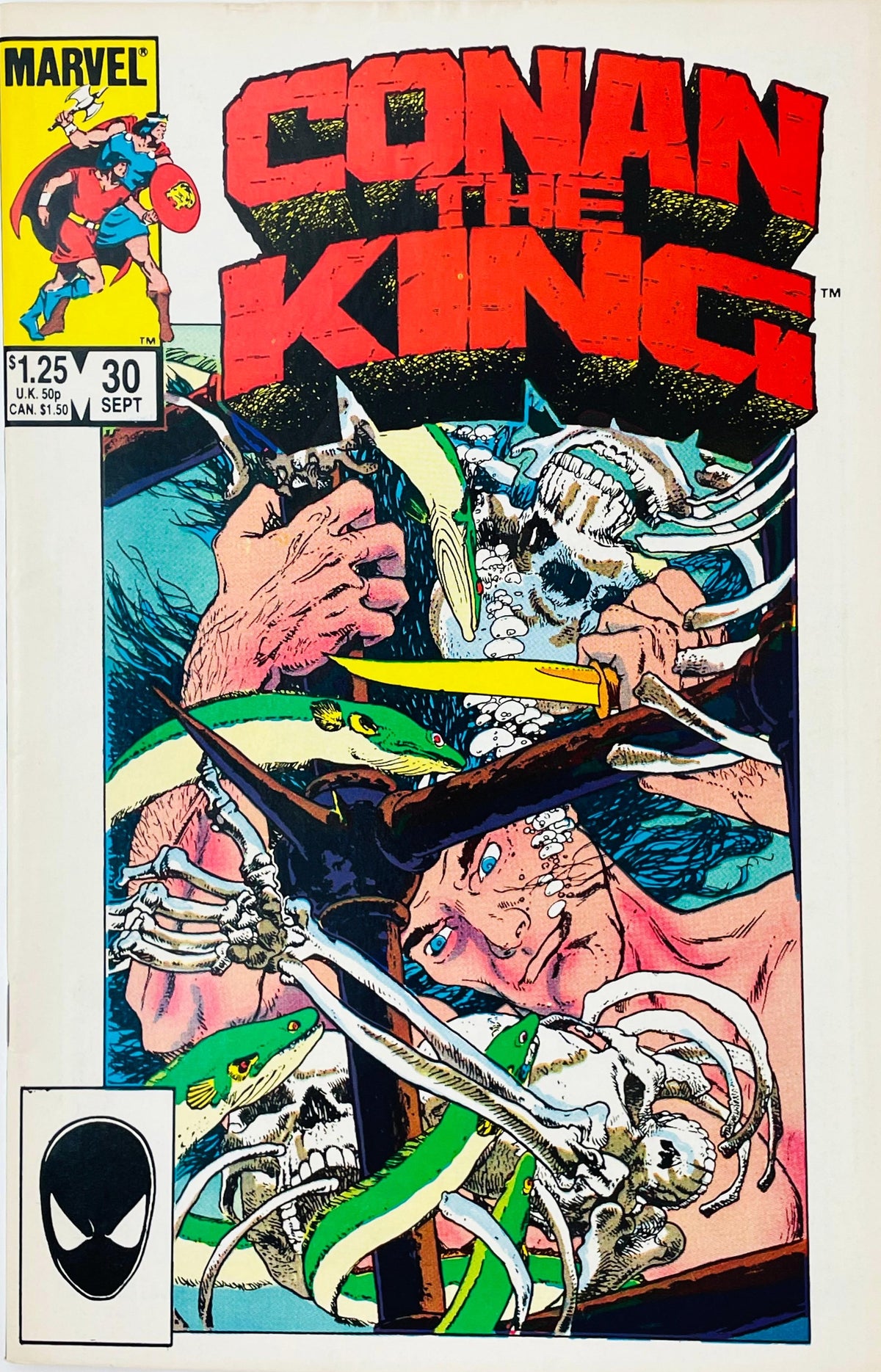 Conan the King issue 30 comic book published by Marvel Comics featuring Michael Kaluta cover art of King Conan underwater fighting with a knife among skeletons and eels.