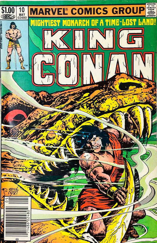 King Conan issue 10 comic book published by Marvel Comics Group featuring Ernie Chan cover art of King Conan drawing a sword against a giant yellow reptile monster.