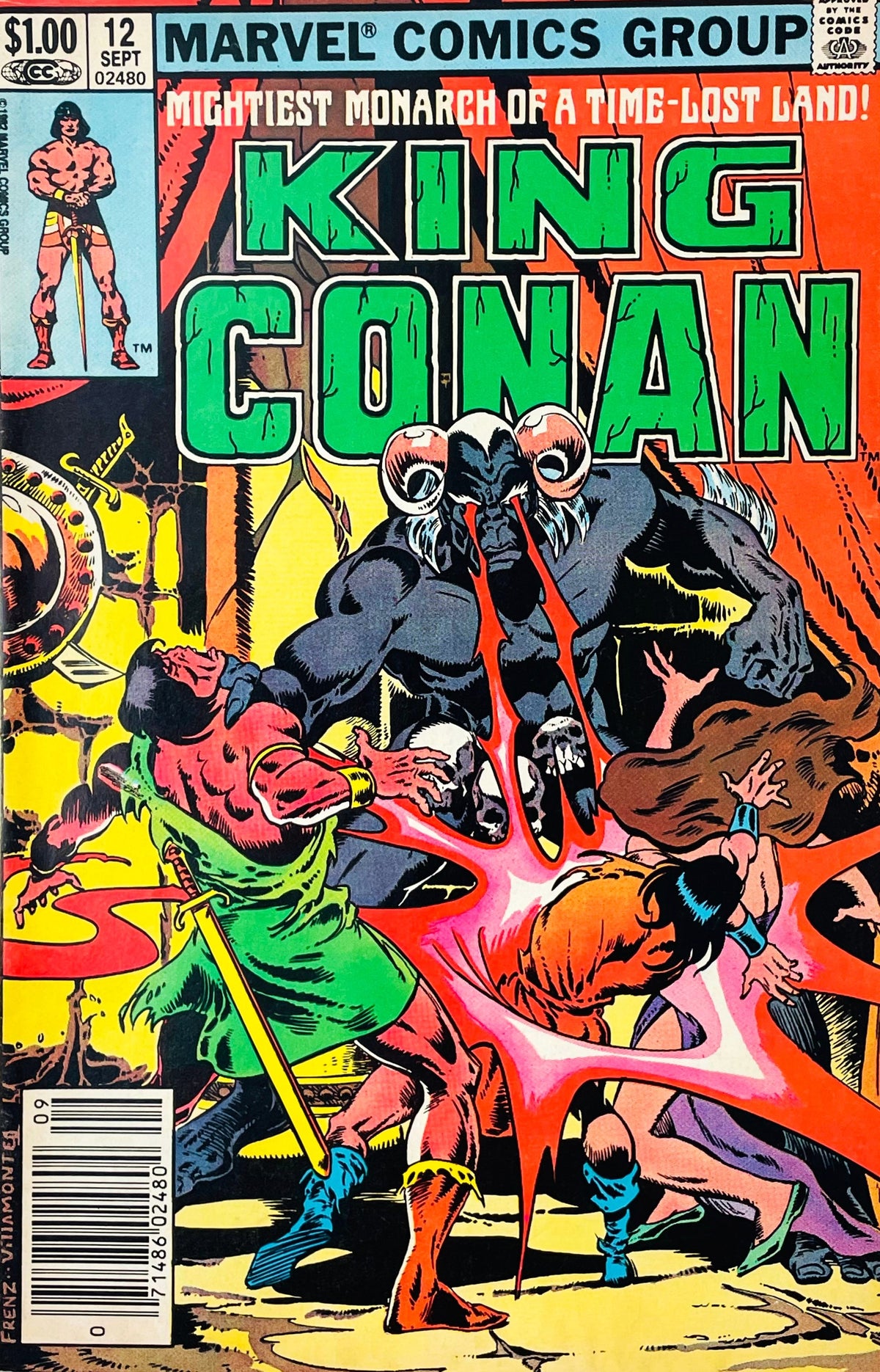 King Conan issue 12 comic book published by Marvel Comics Group featuring Ron Frenz cover art of a horned demon firing red eye beams at King Conan and Queen Zenobia.
