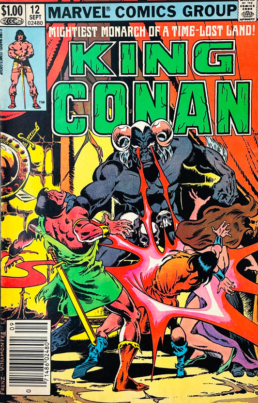King Conan issue 12 comic book published by Marvel Comics Group featuring Ron Frenz cover art of a horned demon firing red eye beams at King Conan and Queen Zenobia.