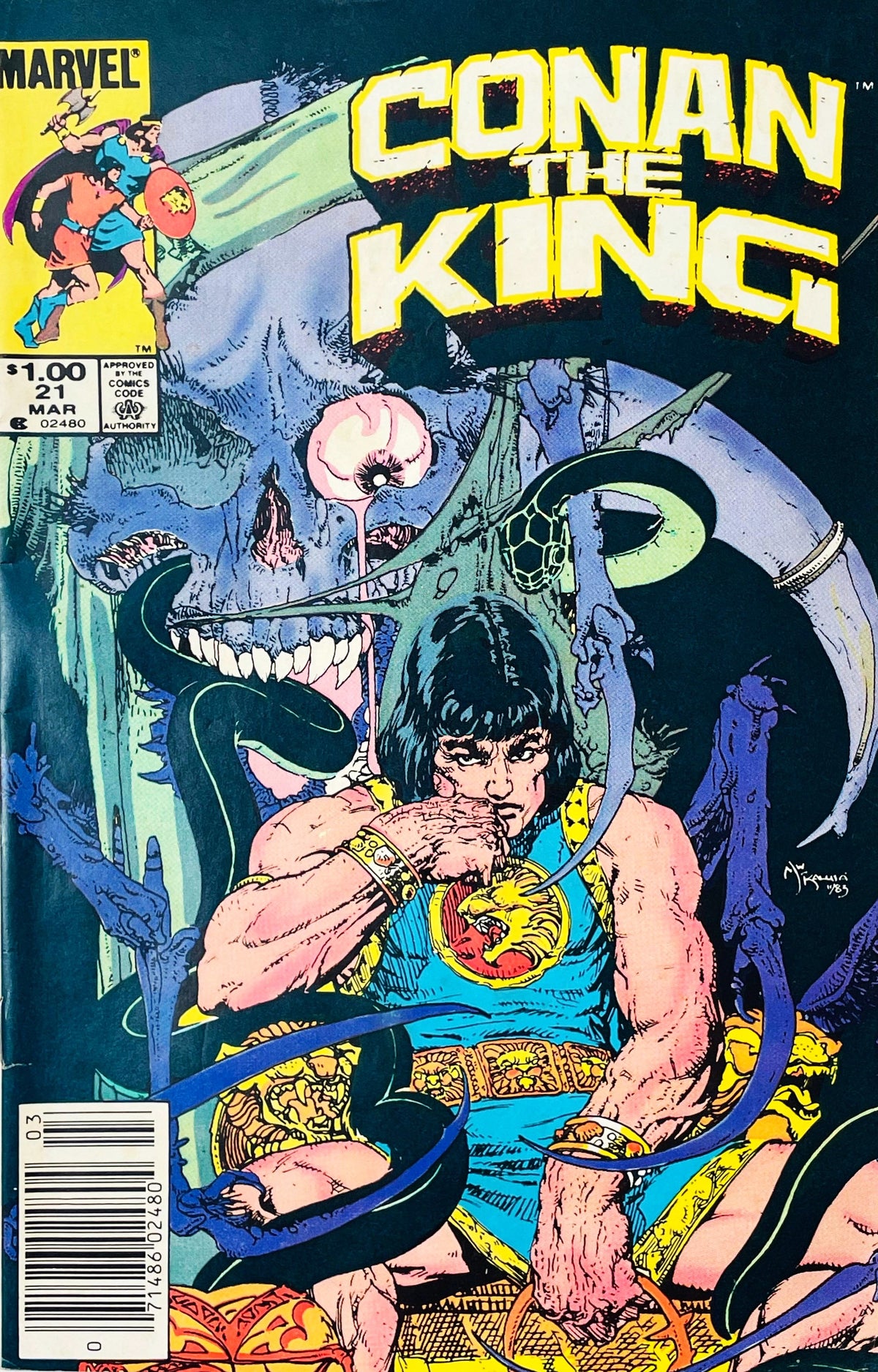 Conan the King issue 21 comic book published by Marvel Comics featuring Michael Kaluta cover art of a seated King Conan surrounded by dark serpents and a giant horned skull.