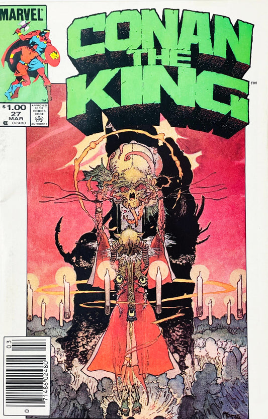 Conan the King issue 27 comic book published by Marvel Comics featuring Michael Kaluta cover art of a ritual priest holding a horned alien skull amidst floating candles.