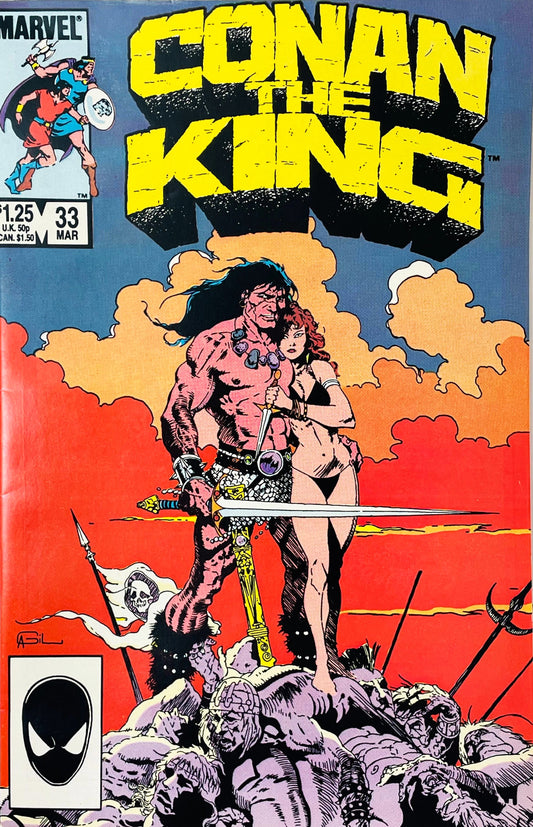 Conan the King issue 33 comic book published by Marvel Comics featuring Gil Kane cover art of King Conan and a red-haired woman standing on a pile of fallen soldiers against a vibrant orange sunset.