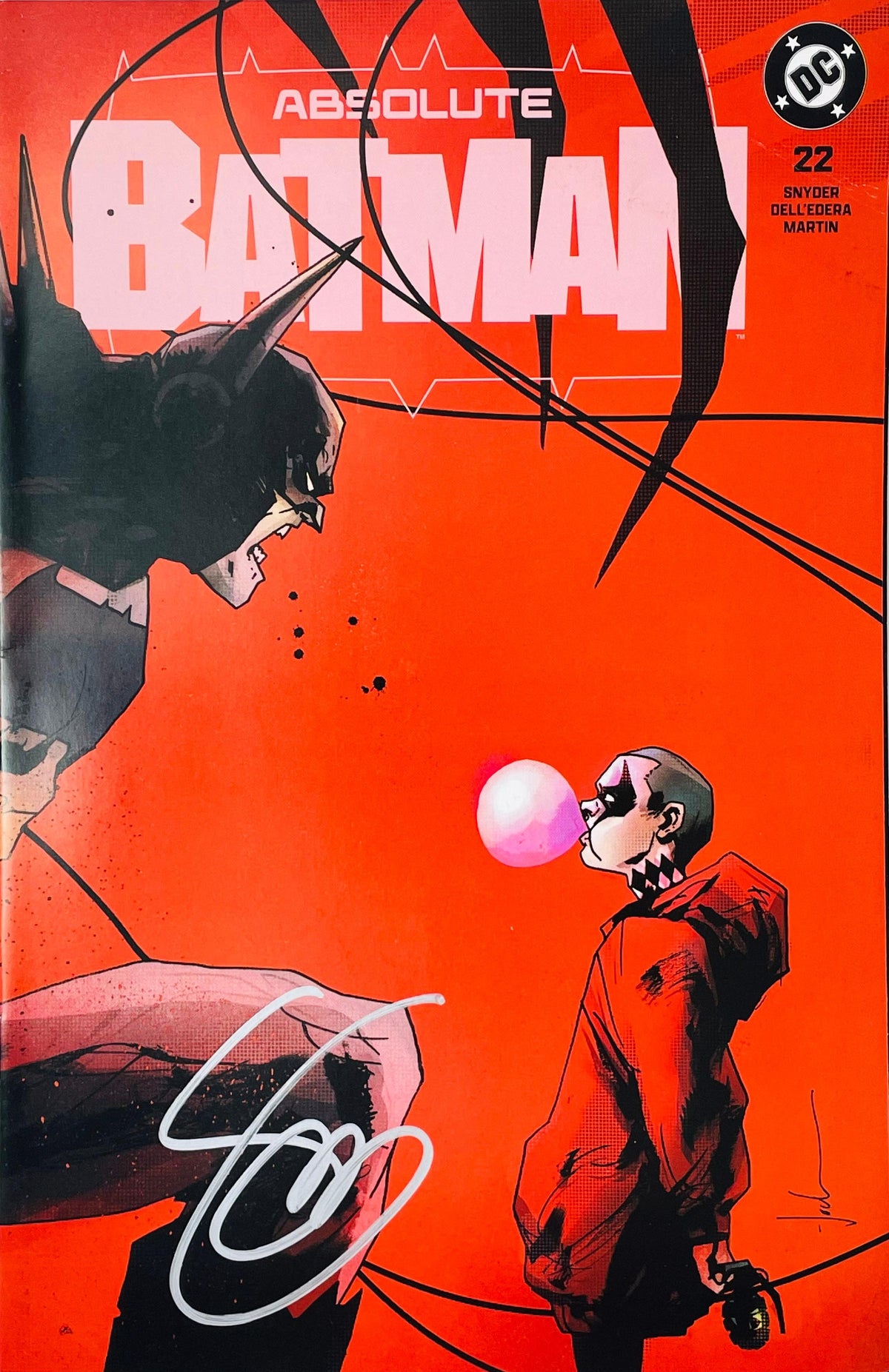 Absolute Batman issue 1 signed comic book featuring Werther Dell'Edera variant cover art of Batman snarling at a child blowing bubblegum.