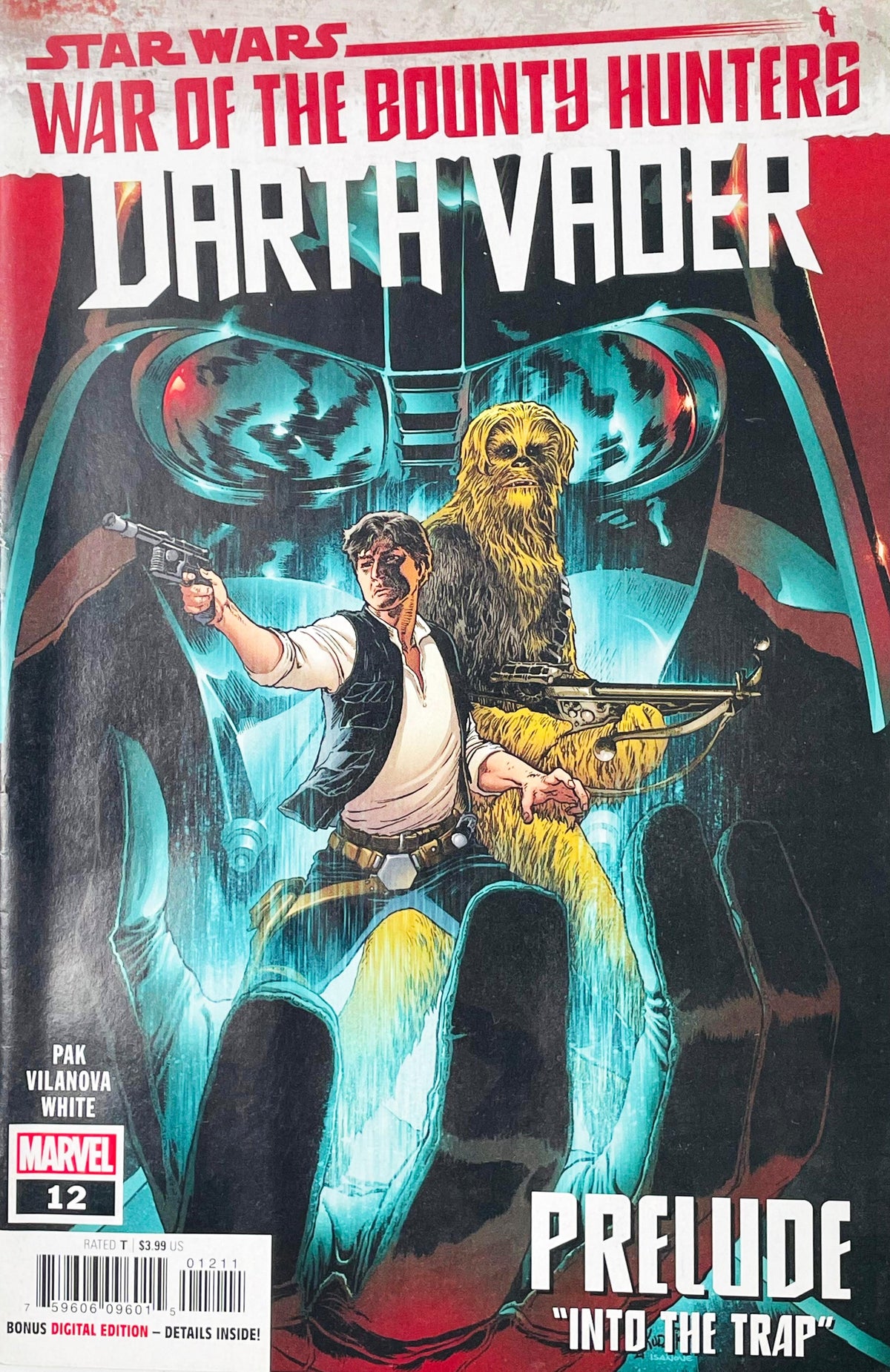 Star Wars Darth Vader #12 2021 Marvel Comics War of the Bounty Hunters Prelude Into the Trap comic featuring Darth Vader Han Solo and Chewbacca on the cover
