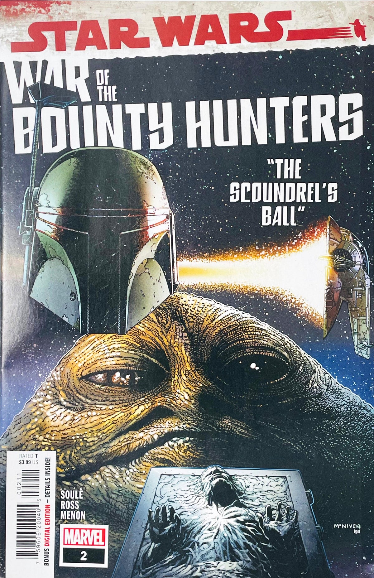 Star Wars War of the Bounty Hunters #2 Marvel Comics The Scoundrel's Ball comic featuring Boba Fett against a dramatic space background