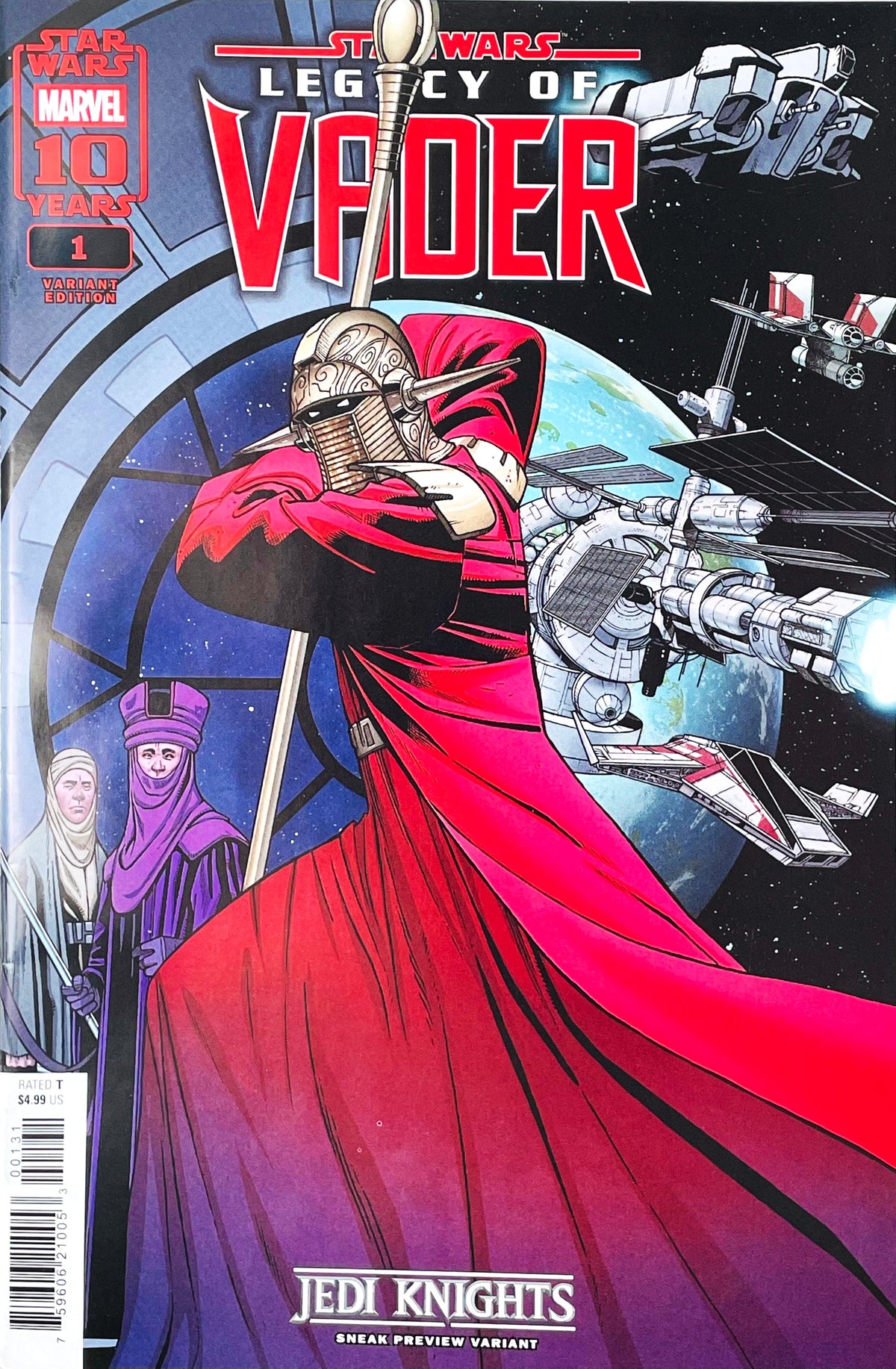 Star Wars Legacy of Vader #1 2025 Marvel Comics Jedi Knights Sneak Preview Variant Cover by Ramon Rosanas featuring a red robed helmeted figure with spacecraft in the background