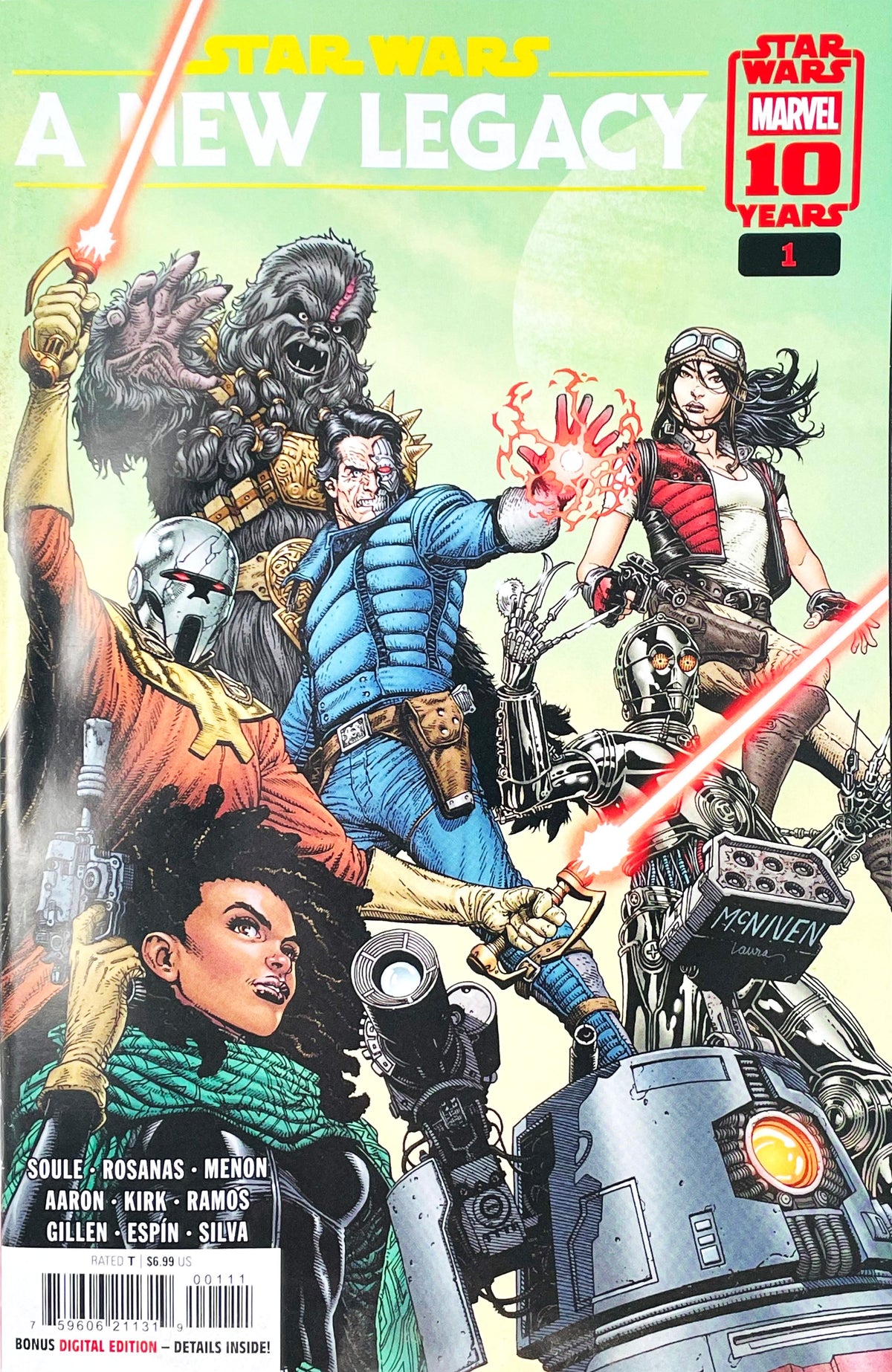 Star Wars A New Legacy #1 2025 Marvel Comics 10th Anniversary comic featuring an ensemble of Star Wars characters including Doctor Aphra, Black Krrsantan, Beilert Valance and droids on the cover
