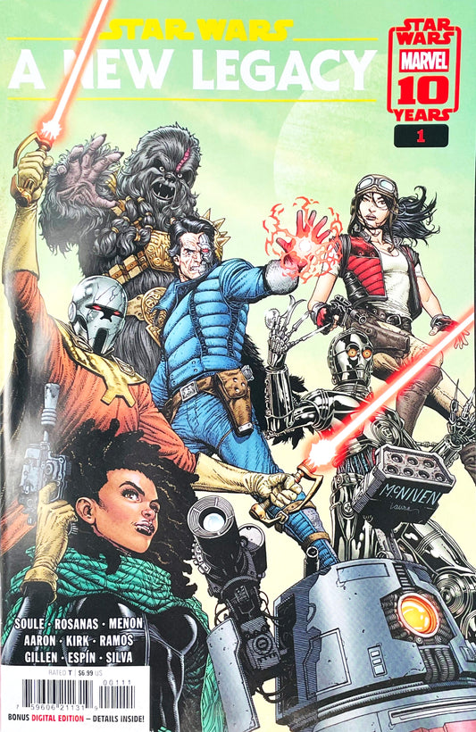 Star Wars A New Legacy #1 2025 Marvel Comics 10th Anniversary comic featuring an ensemble of Star Wars characters including Doctor Aphra, Black Krrsantan, Beilert Valance and droids on the cover