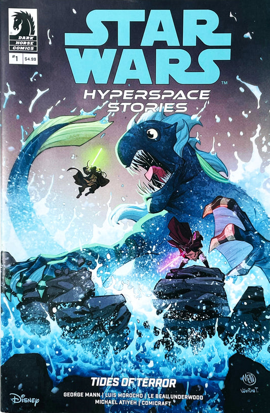 Star Wars Hyperspace Stories Tides of Terror #1 2025 Dark Horse Comics featuring Kit Fisto and other Jedi battling a giant underwater creature in a dramatic ocean scene