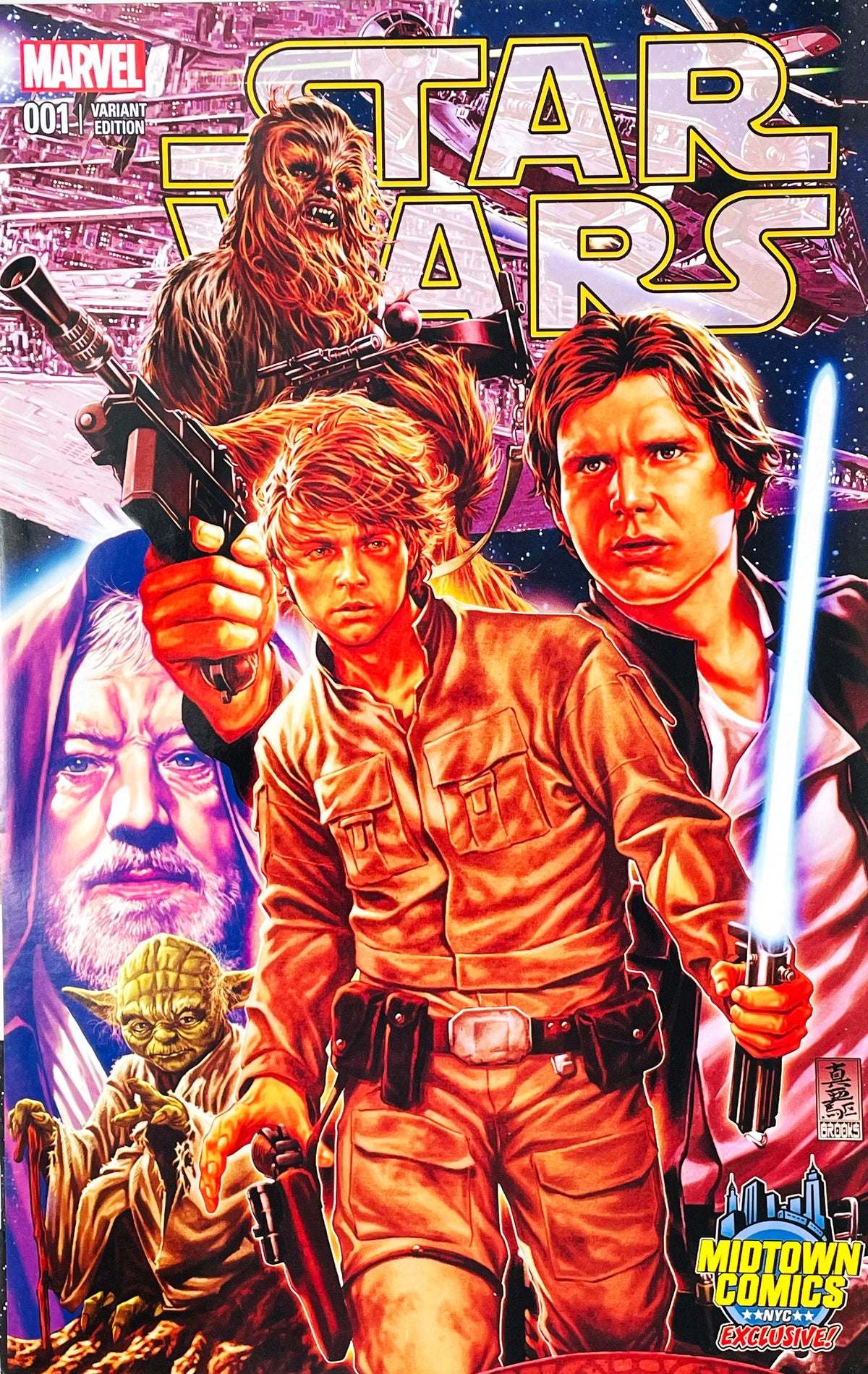 Star Wars issue 1 comic book published by Marvel Comics featuring Mark Brooks Midtown Comics exclusive virgin variant cover art of Luke Skywalker, Han Solo, Chewbacca, Obi-Wan Kenobi, and Yoda.