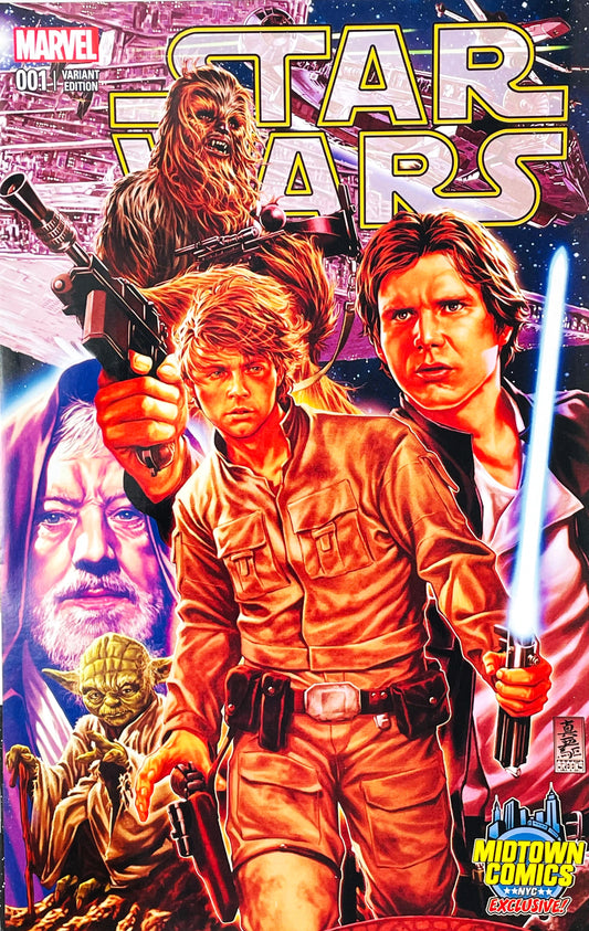 Star Wars issue 1 comic book published by Marvel Comics featuring Mark Brooks Midtown Comics exclusive virgin variant cover art of Luke Skywalker, Han Solo, Chewbacca, Obi-Wan Kenobi, and Yoda.