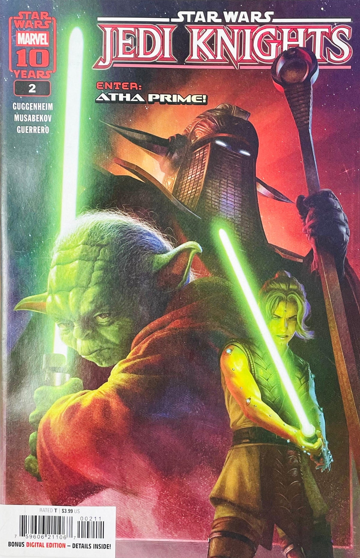 Star Wars Jedi Knights #2 2025 Marvel Comics Rahzzah cover featuring Yoda and Vetna Mooncrest with green lightsabers and Atha Prime in the background