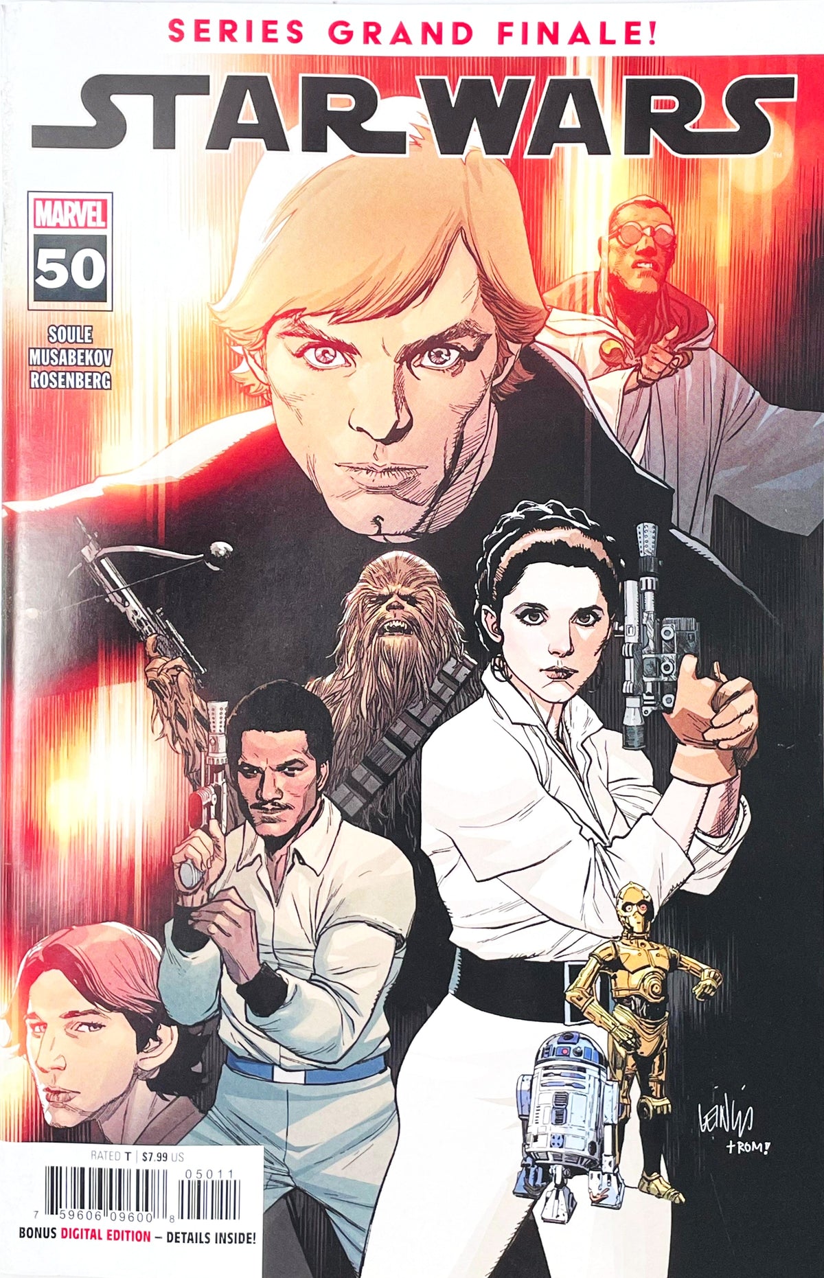 Star Wars #50 2024 Marvel Comics Leinil Francis Yu cover featuring Luke Skywalker, Princess Leia, Han Solo, Chewbacca, Lando Calrissian, R2-D2 and C-3PO